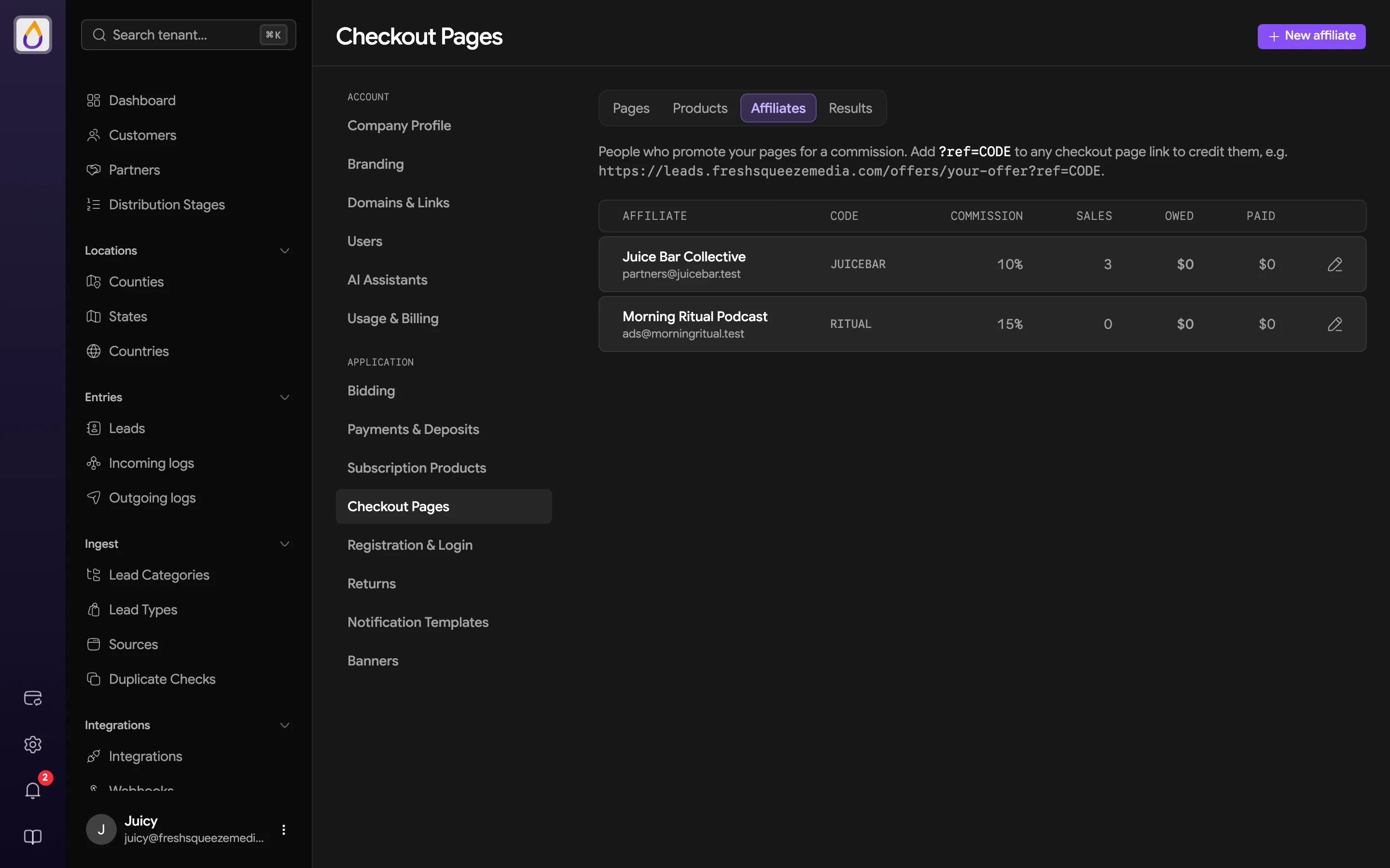 Checkout Affiliates tab listing affiliates with referral code, commission rate, sales, owed, and paid amounts