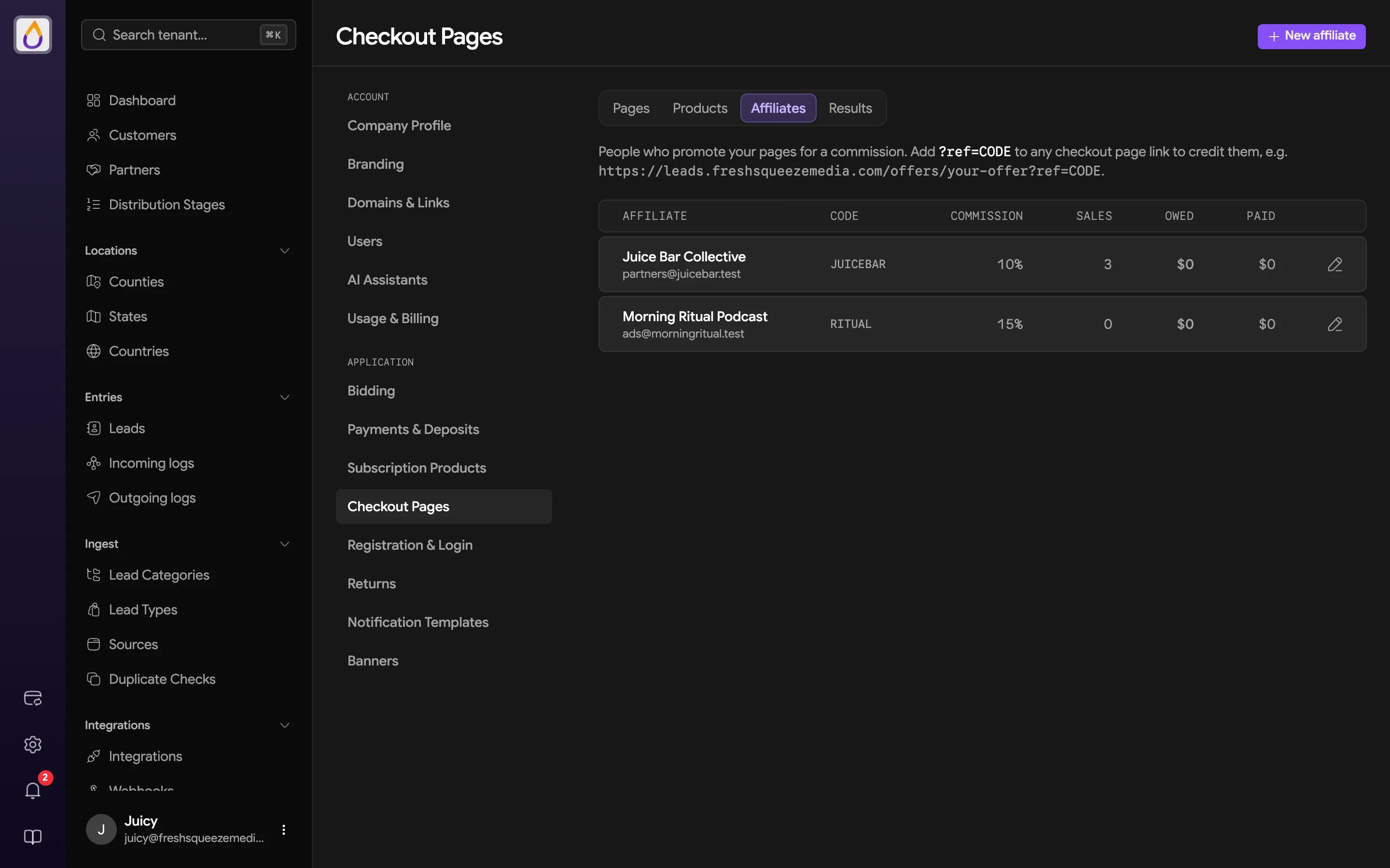Checkout Affiliates tab listing affiliates with referral code, commission rate, sales, owed, and paid amounts