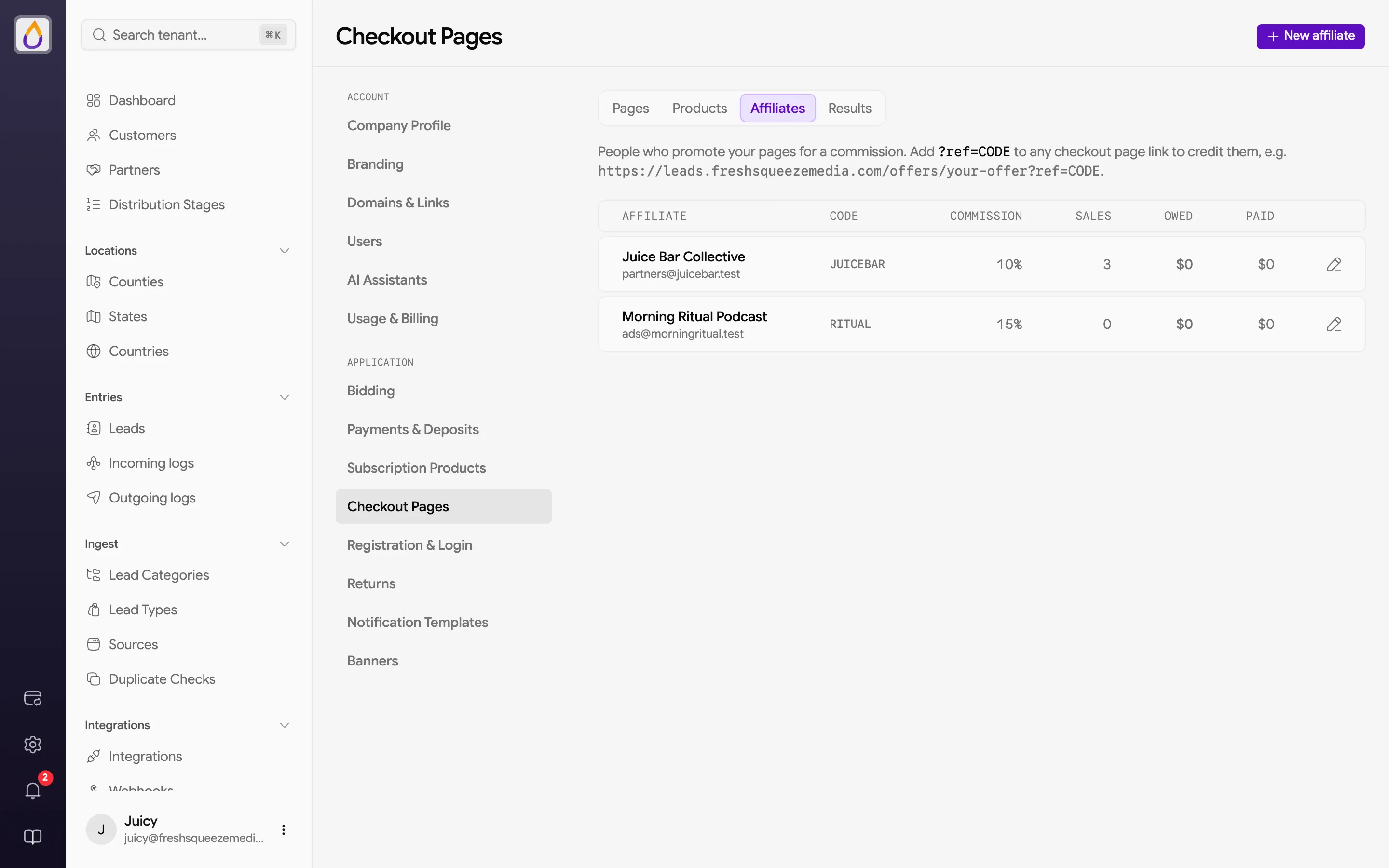 Checkout Affiliates tab listing affiliates with referral code, commission rate, sales, owed, and paid amounts