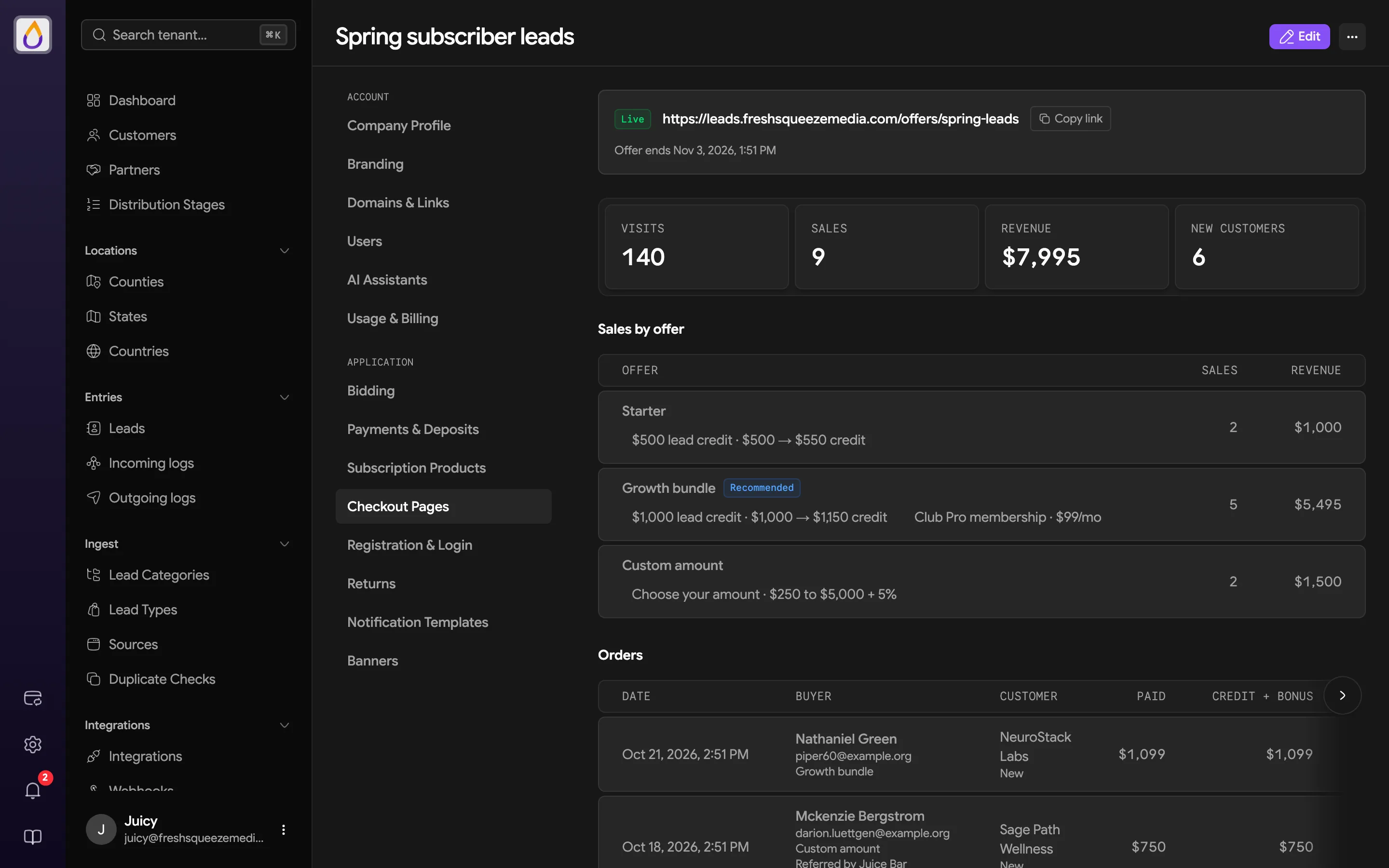 Checkout page detail with its live link, offer end date, Visits, Sales, Revenue, and New customers stats, sales by offer, and a list of orders