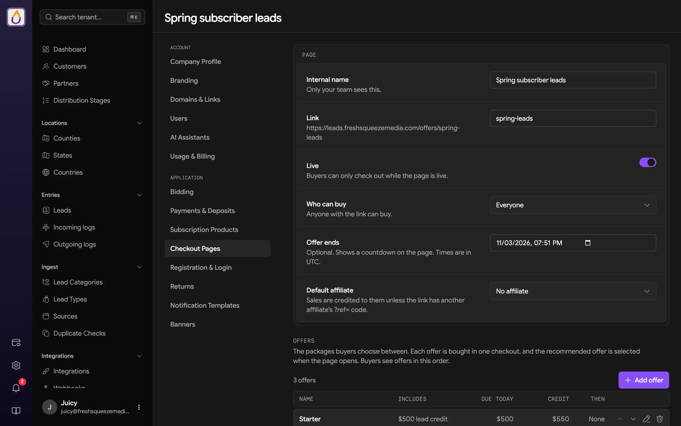 Checkout page editor with Internal name, Link, Live switch, Who can buy, Offer ends, and Default affiliate fields, followed by the Offers table