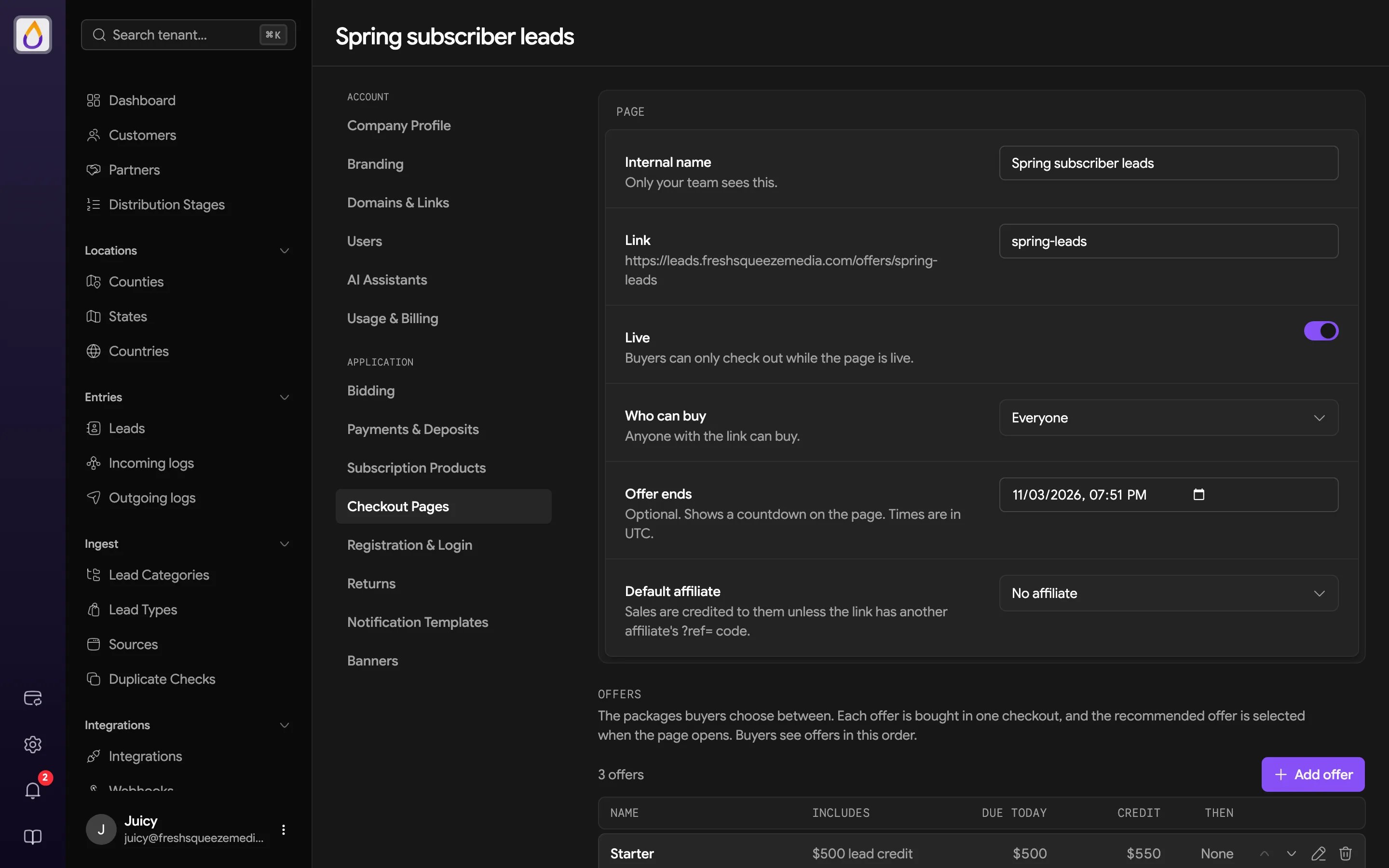 Checkout page editor with Internal name, Link, Live switch, Who can buy, Offer ends, and Default affiliate fields, followed by the Offers table