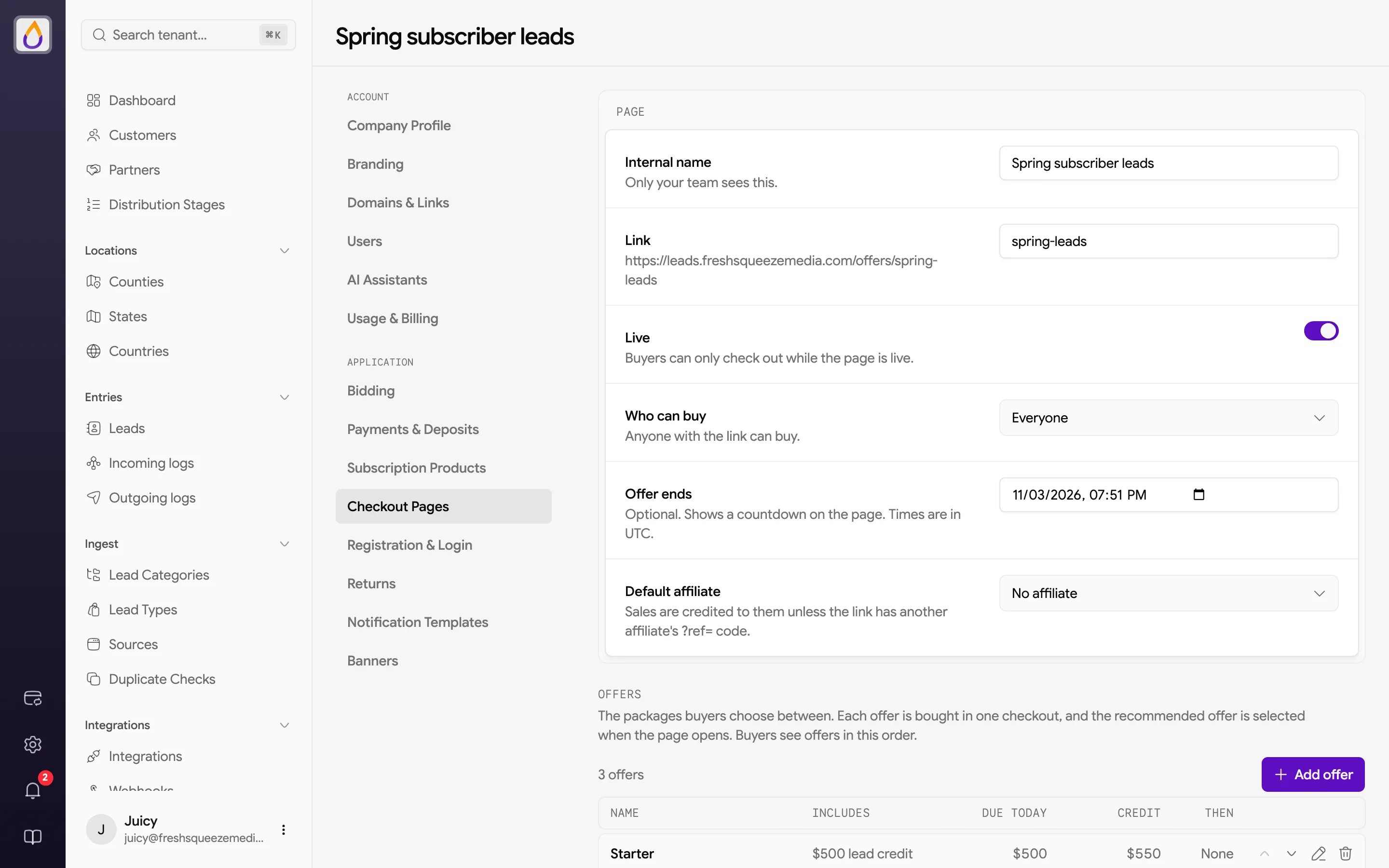 Checkout page editor with Internal name, Link, Live switch, Who can buy, Offer ends, and Default affiliate fields, followed by the Offers table