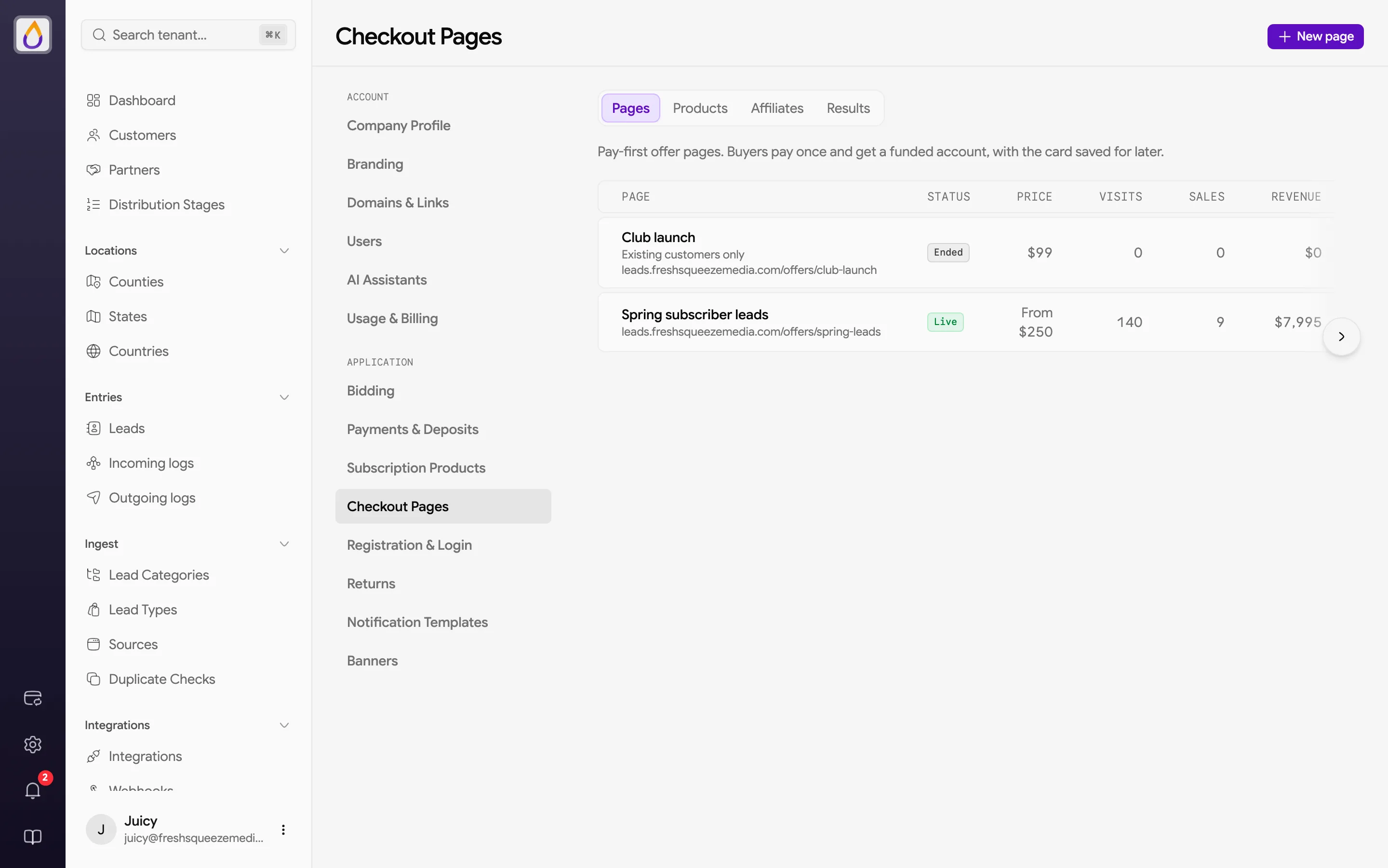 Checkout Pages tab listing offer pages with status, price, visits, sales, and revenue