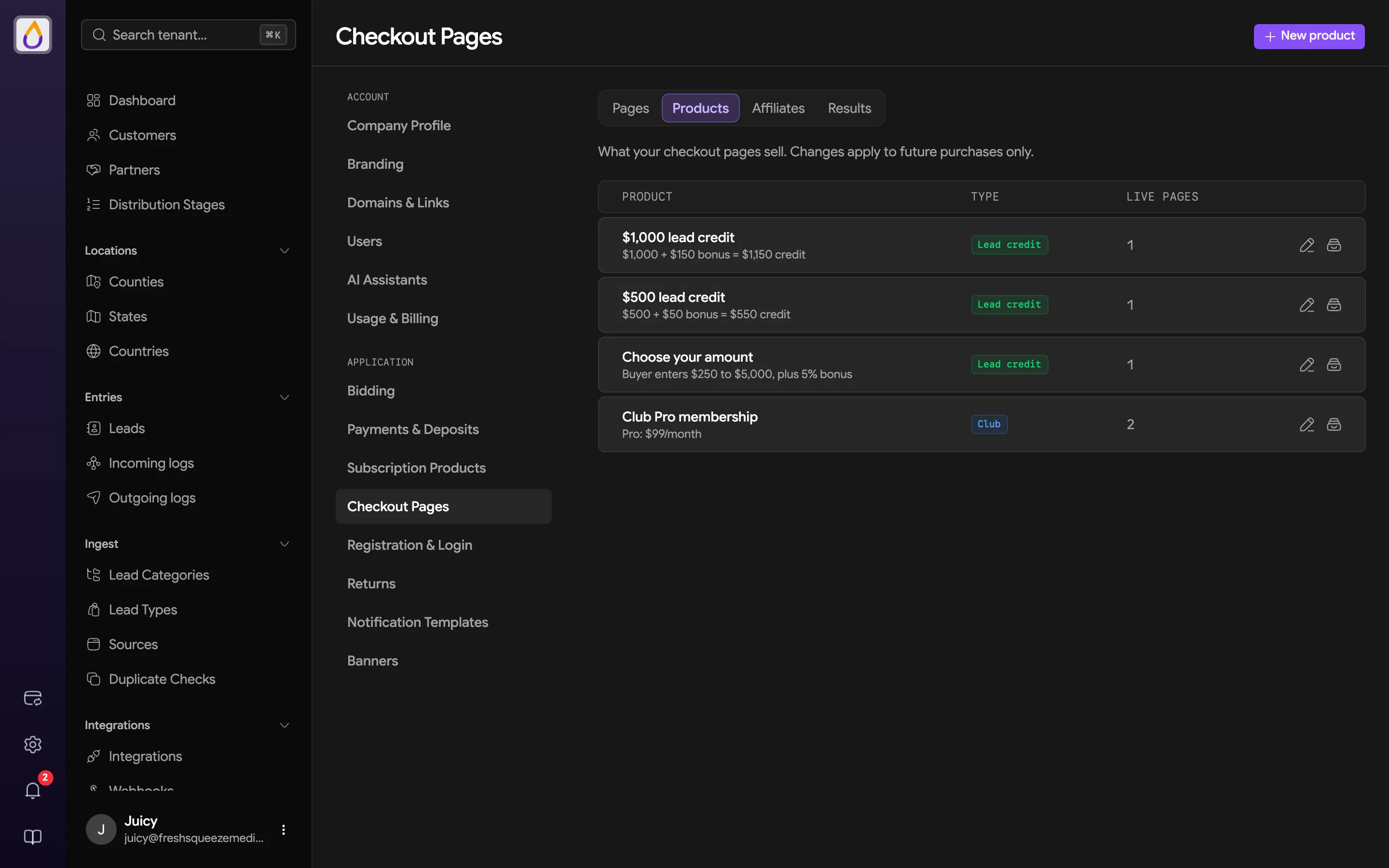Checkout Products tab listing lead credit products with their bonus math, a buyer-entered amount product, and a Club membership, each with its type and number of live pages