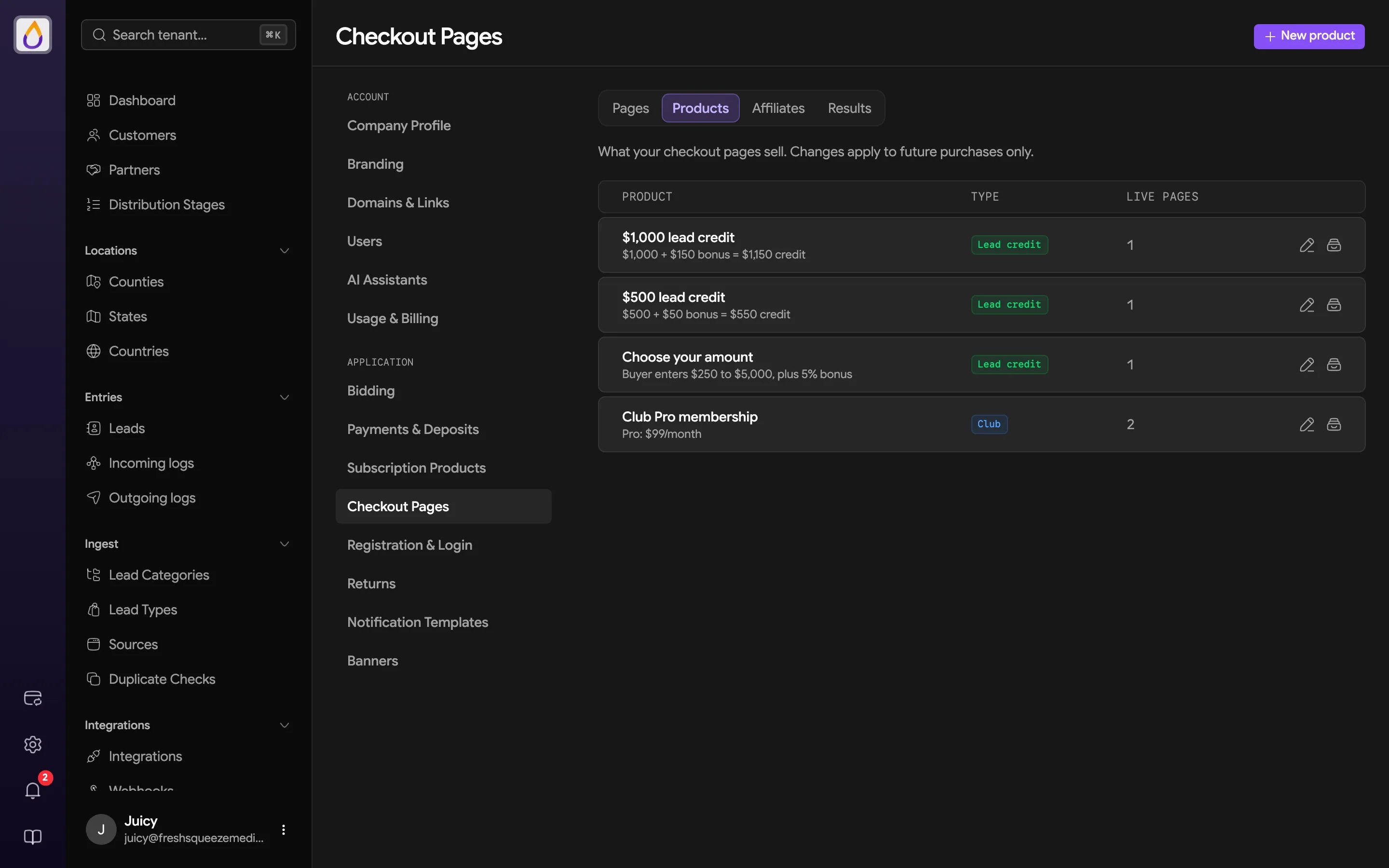 Checkout Products tab listing lead credit products with their bonus math, a buyer-entered amount product, and a Club membership, each with its type and number of live pages
