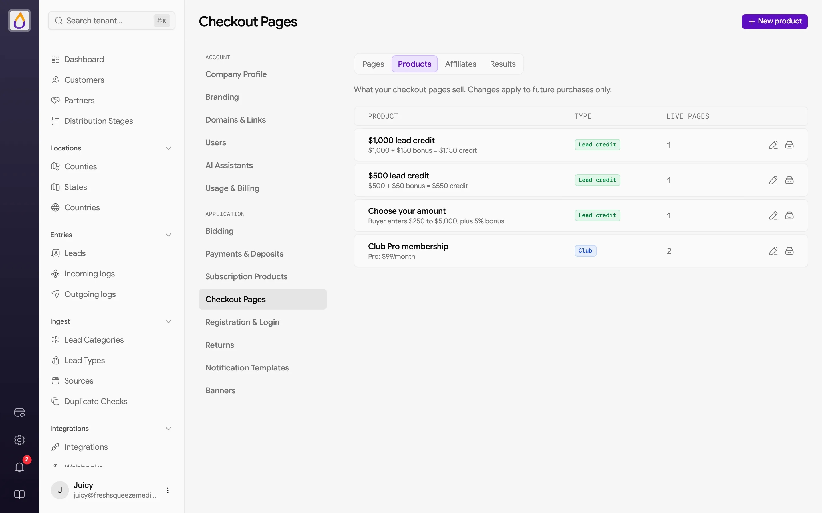 Checkout Products tab listing lead credit products with their bonus math, a buyer-entered amount product, and a Club membership, each with its type and number of live pages