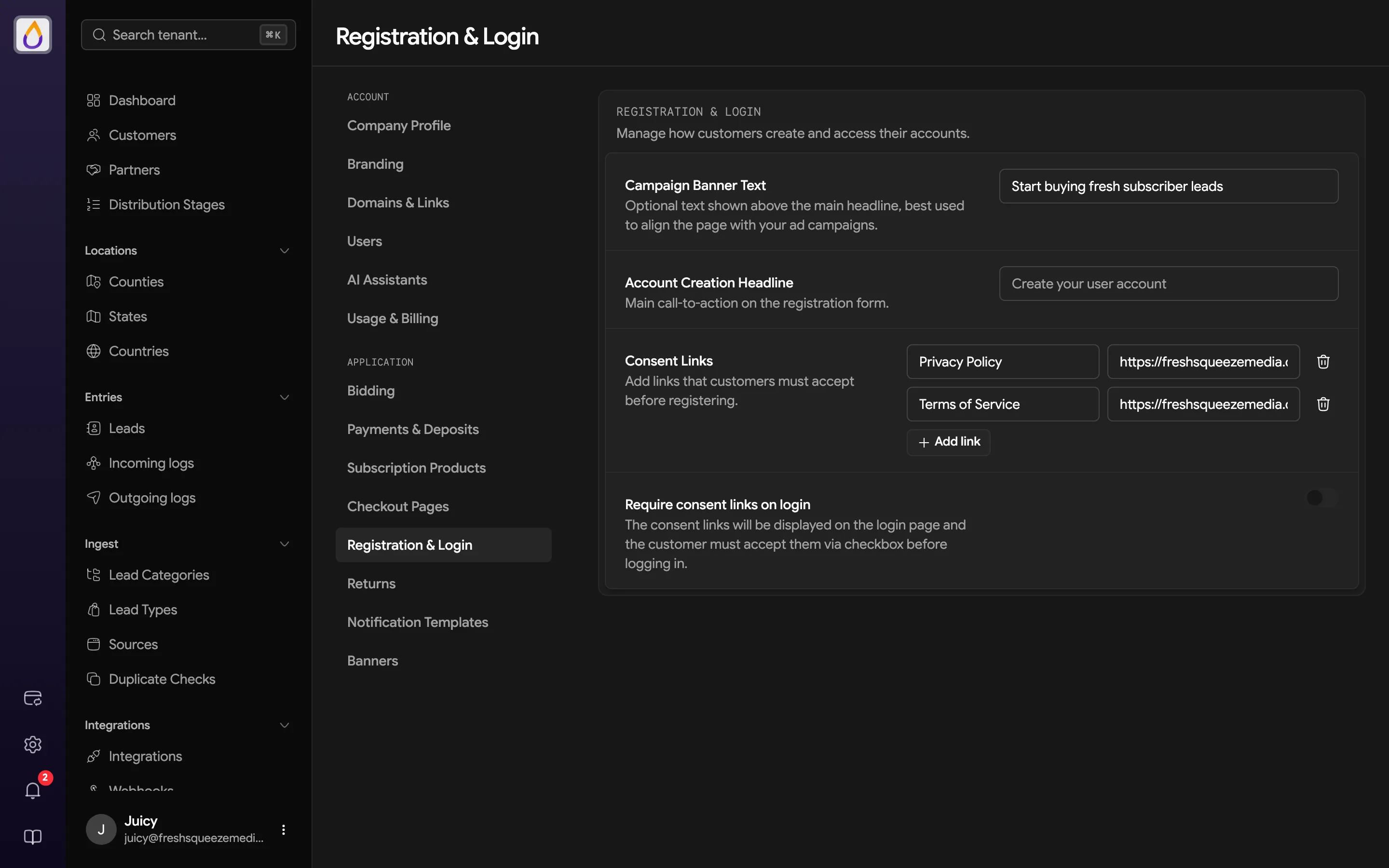 Registration & Login settings page with Campaign Banner Text, Account Creation Headline, two Consent Links for a privacy policy and terms of service, and the Require consent links on login switch