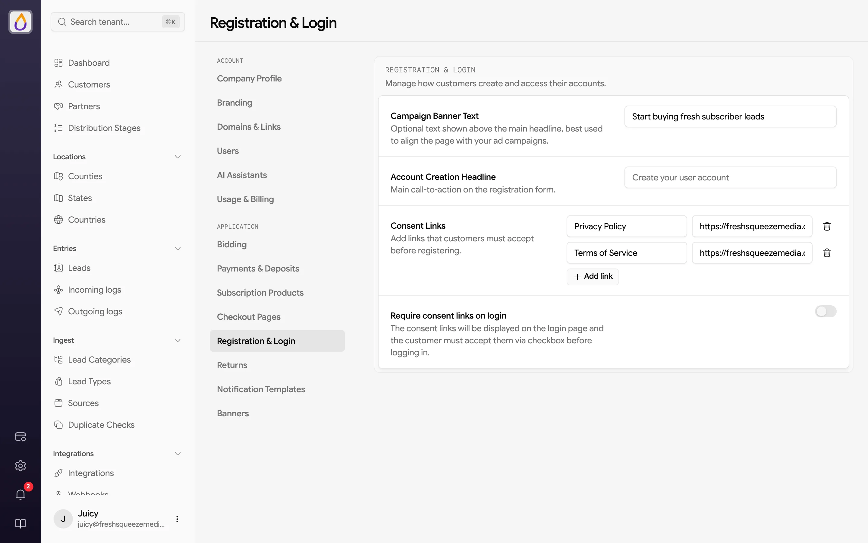 Registration & Login settings page with Campaign Banner Text, Account Creation Headline, two Consent Links for a privacy policy and terms of service, and the Require consent links on login switch