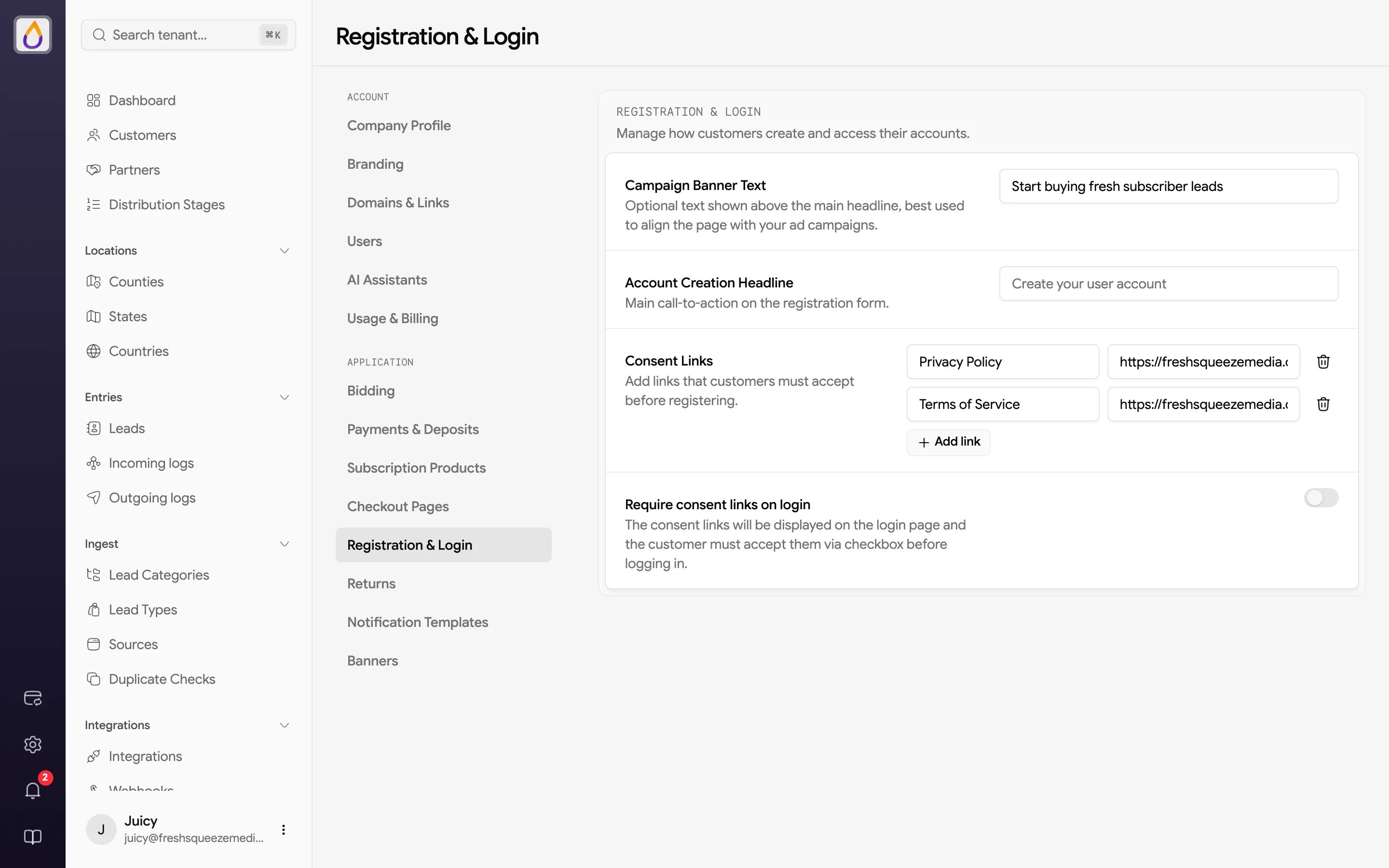 Registration & Login settings page with Campaign Banner Text, Account Creation Headline, two Consent Links for a privacy policy and terms of service, and the Require consent links on login switch