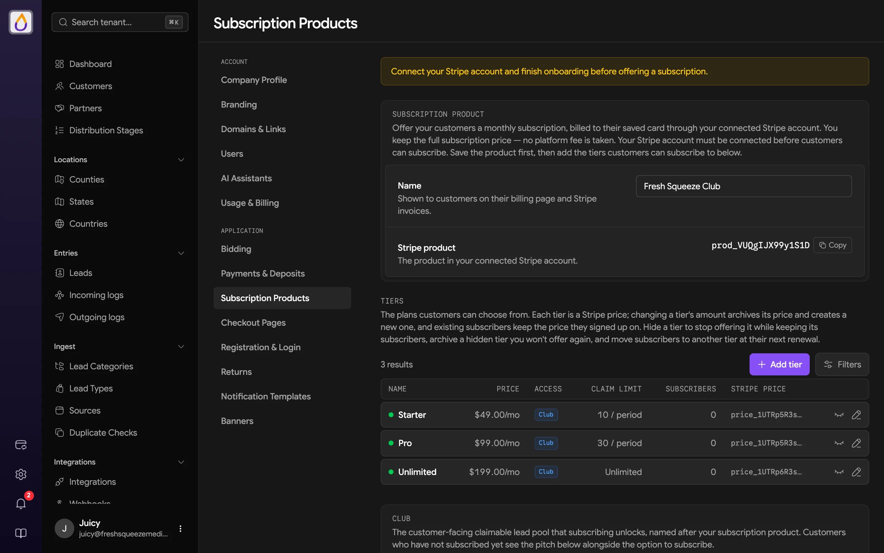 Subscription Products settings page with the product name and Stripe product ID, and a Tiers table listing Starter, Pro, and Unlimited tiers with price, Club access, claim limit, subscribers, and Stripe price