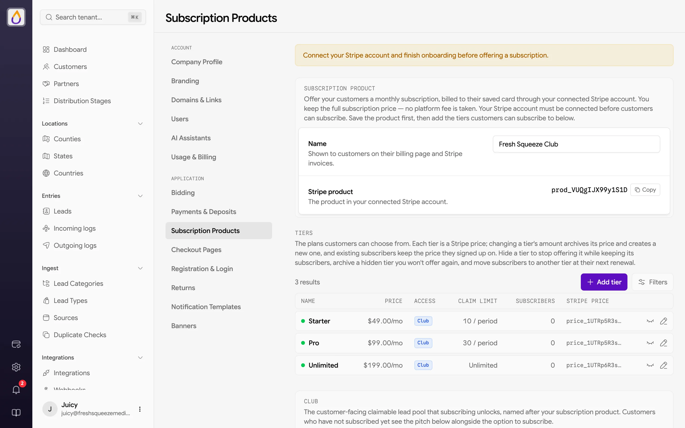 Subscription Products settings page with the product name and Stripe product ID, and a Tiers table listing Starter, Pro, and Unlimited tiers with price, Club access, claim limit, subscribers, and Stripe price