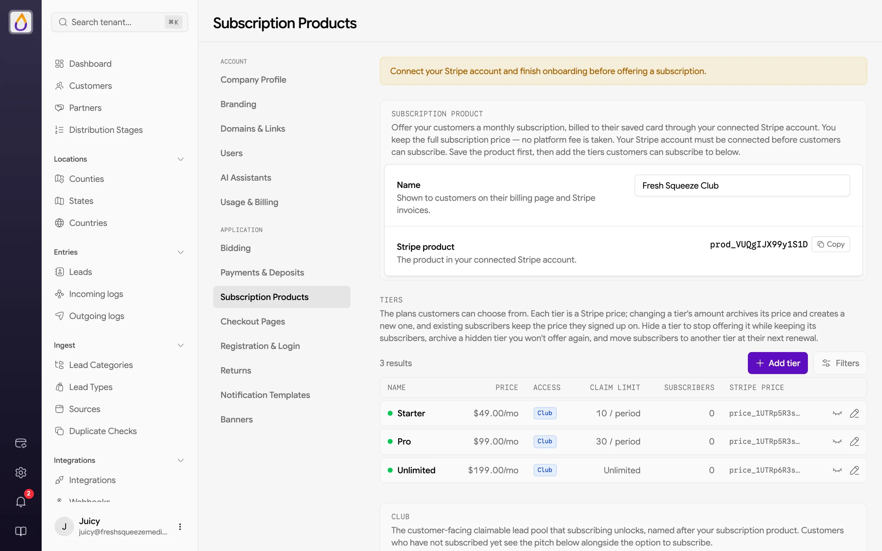 Subscription Products settings page with the product name and Stripe product ID, and a Tiers table listing Starter, Pro, and Unlimited tiers with price, Club access, claim limit, subscribers, and Stripe price