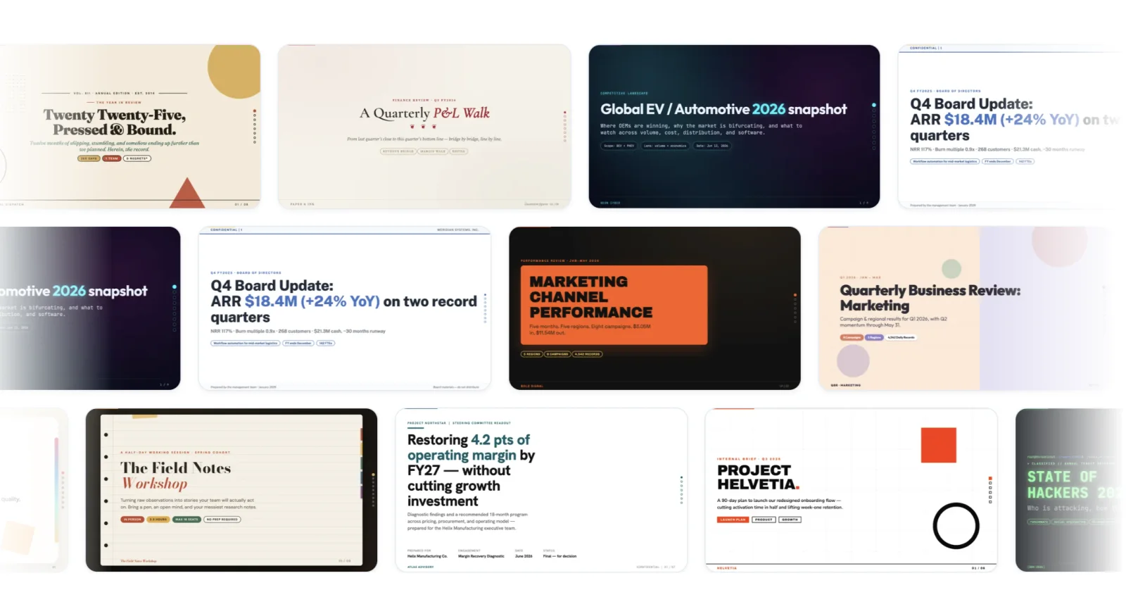 A gallery of presentation templates with business, editorial, marketing, and workshop designs