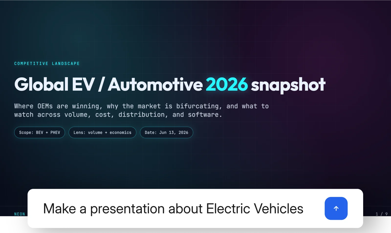 A prompt in Julius requesting a presentation about electric vehicles, shown with the resulting presentation