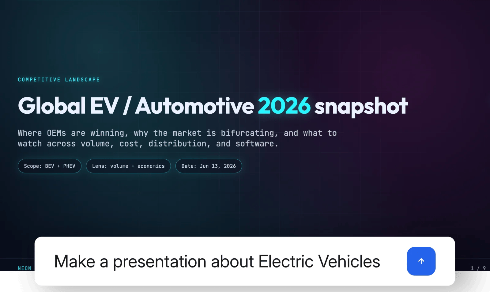 A prompt in Julius requesting a presentation about electric vehicles, shown with the resulting presentation