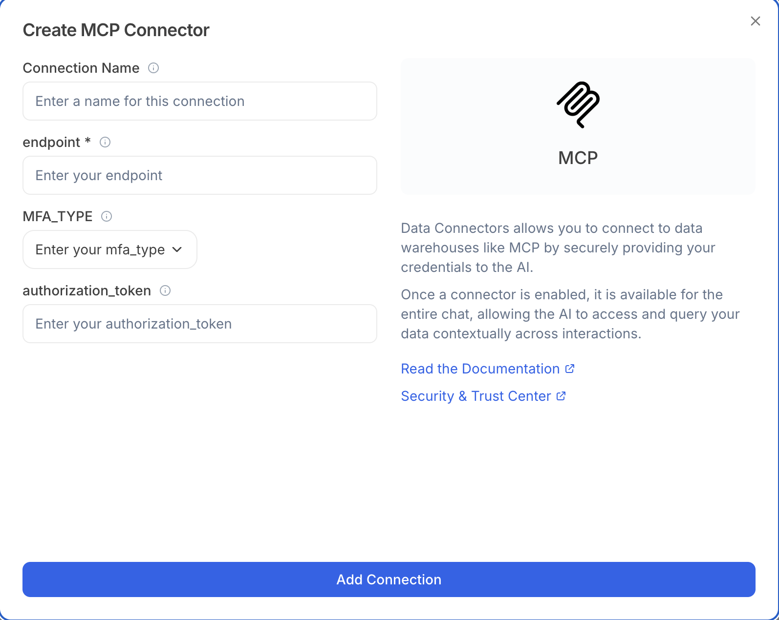 MCP endpoint URL example field MCP endpoint URL example field