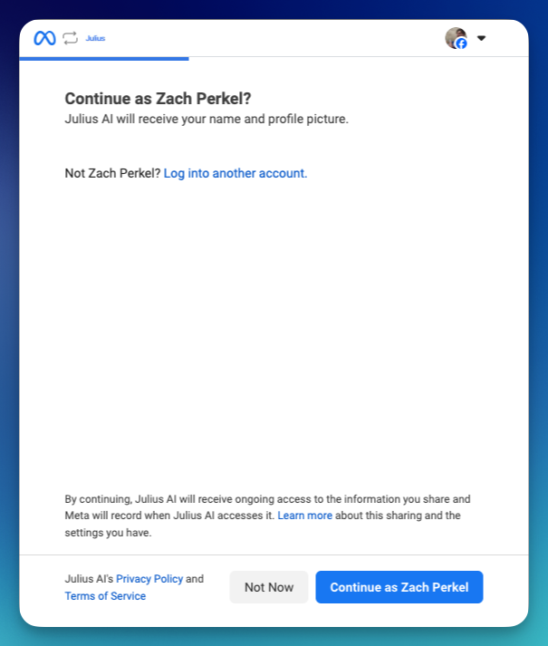Continue as your Facebook account