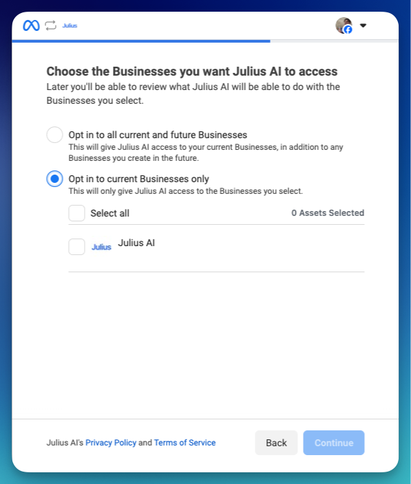 Choose businesses for Julius to access