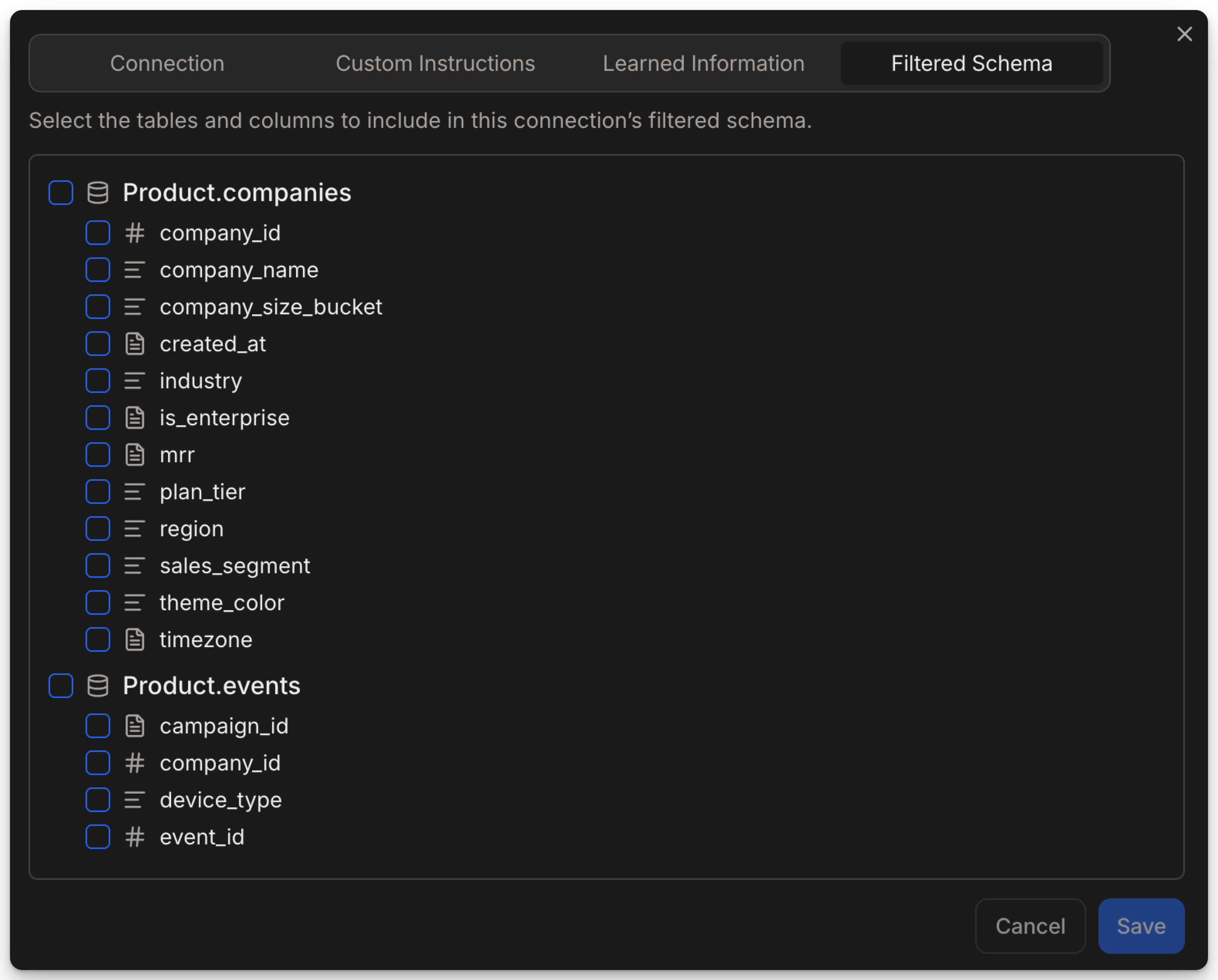 Filtered schema configuration in Julius (dark mode) Filtered schema configuration in Julius (dark mode)