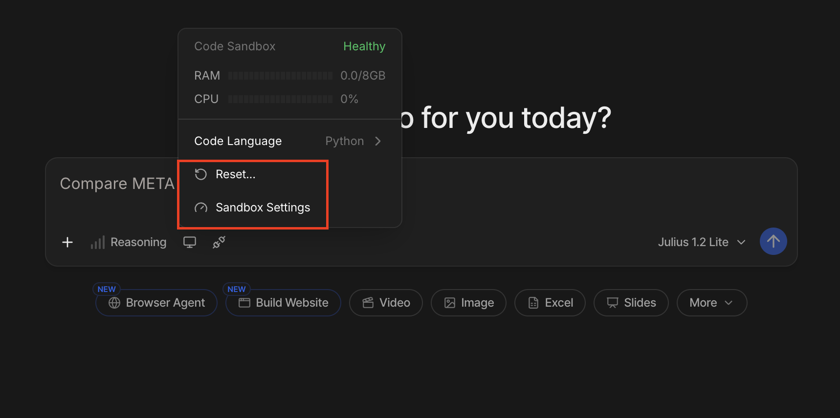 Code Sandbox popup showing status, RAM/CPU usage, Code Language, Reset, and Sandbox Settings