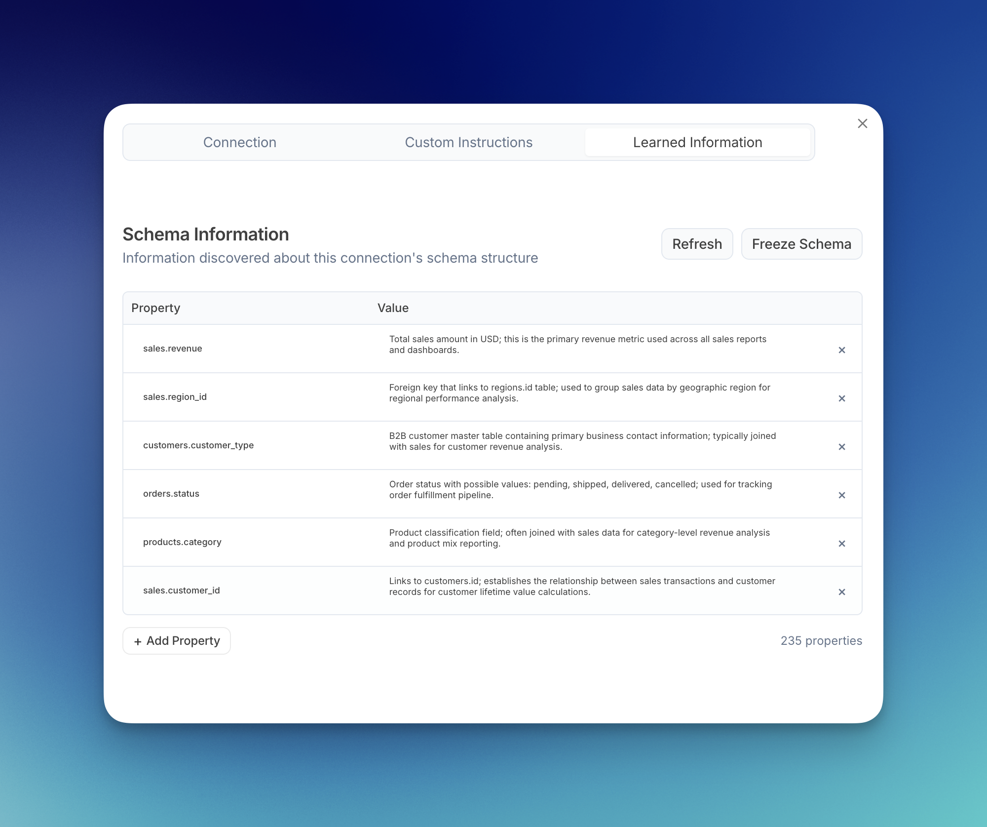 Learned Information tab showing schema properties
