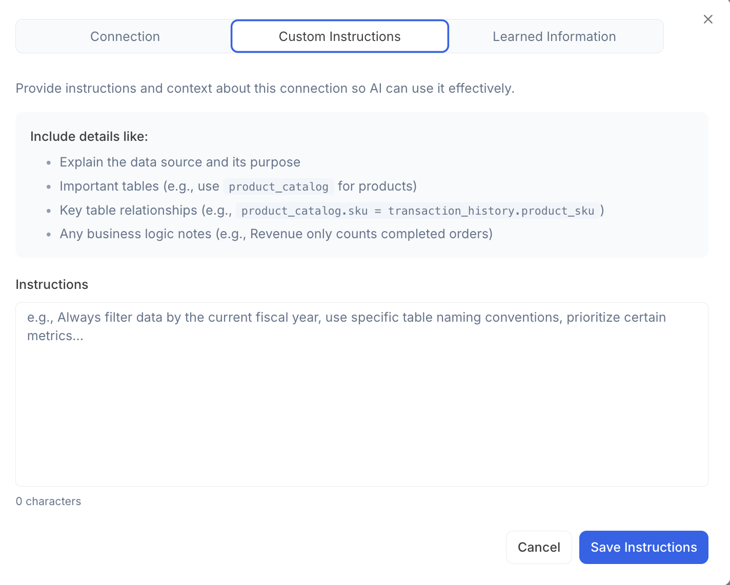 Custom Instructions tab for a data connector Custom Instructions tab for a data connector