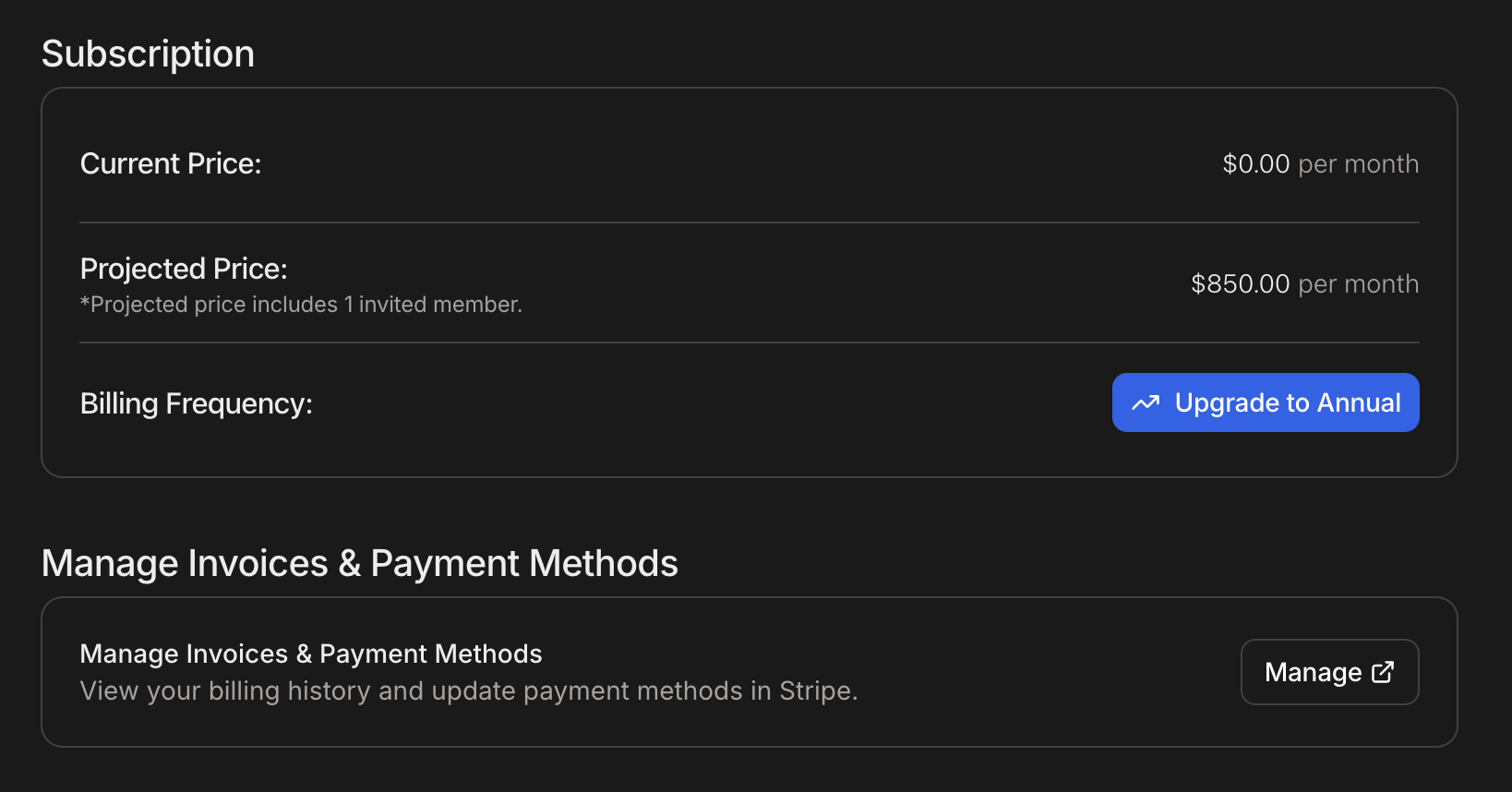 Teams billing settings page in dark mode