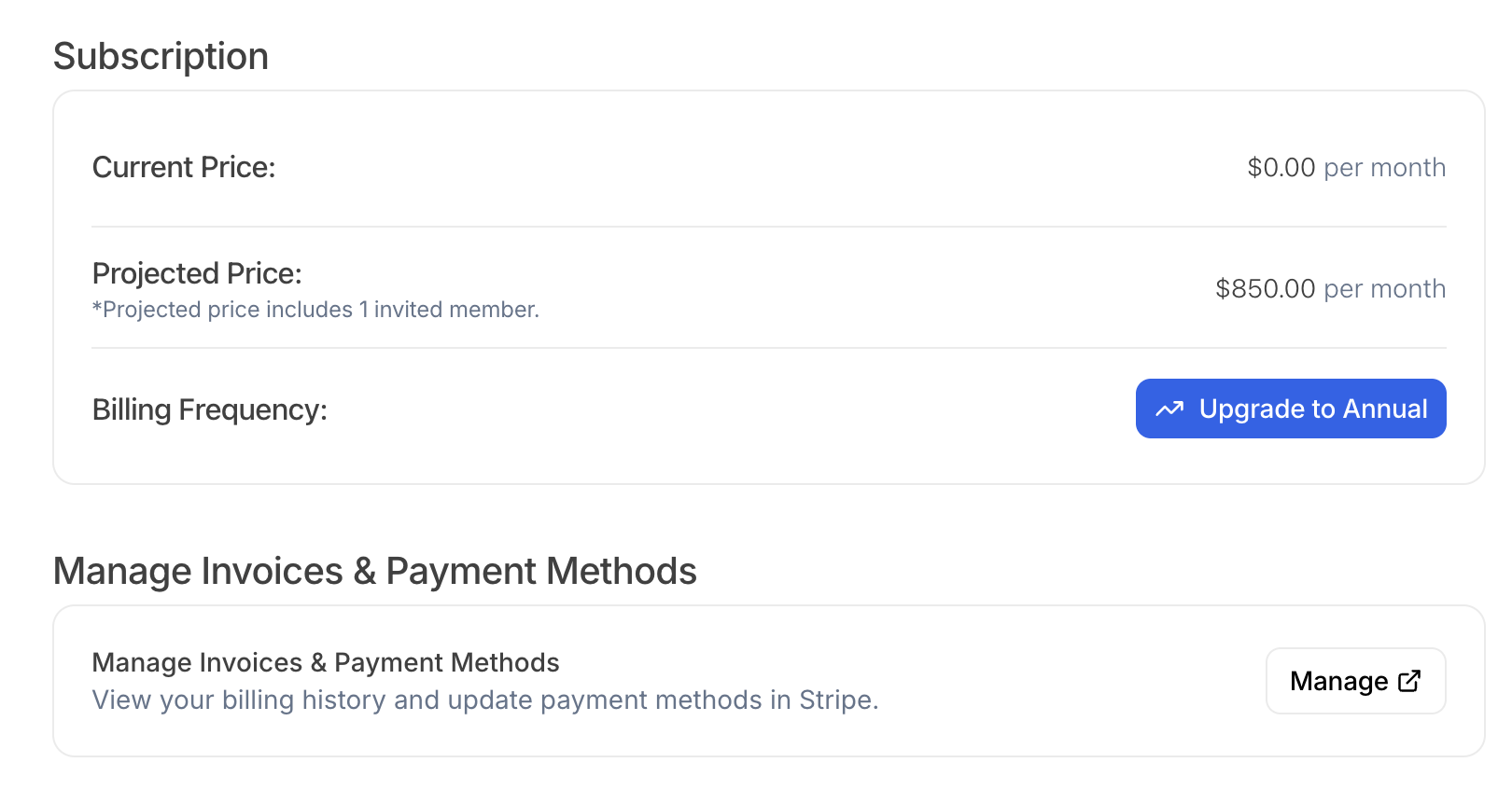 Teams billing settings page in light mode