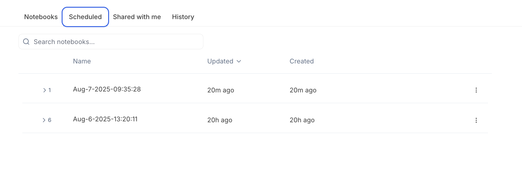 Scheduled notebooks tab in My Notebooks Scheduled notebooks tab in My Notebooks