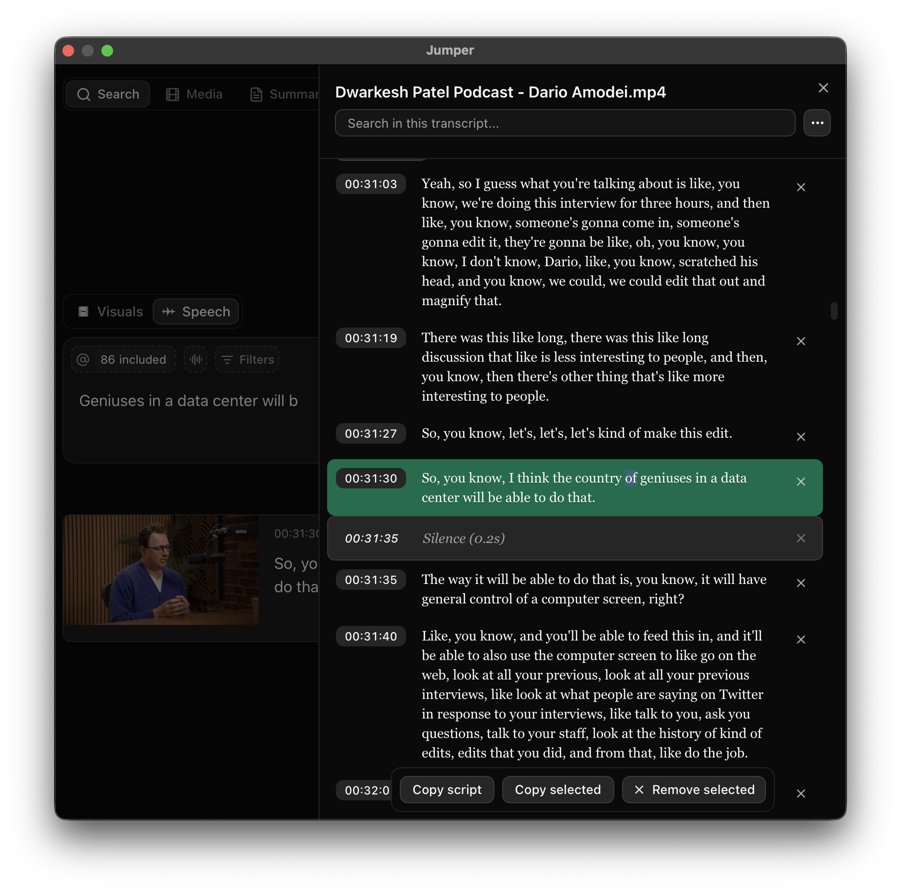 Full transcript open in the Script Editor with the matching speech result highlighted