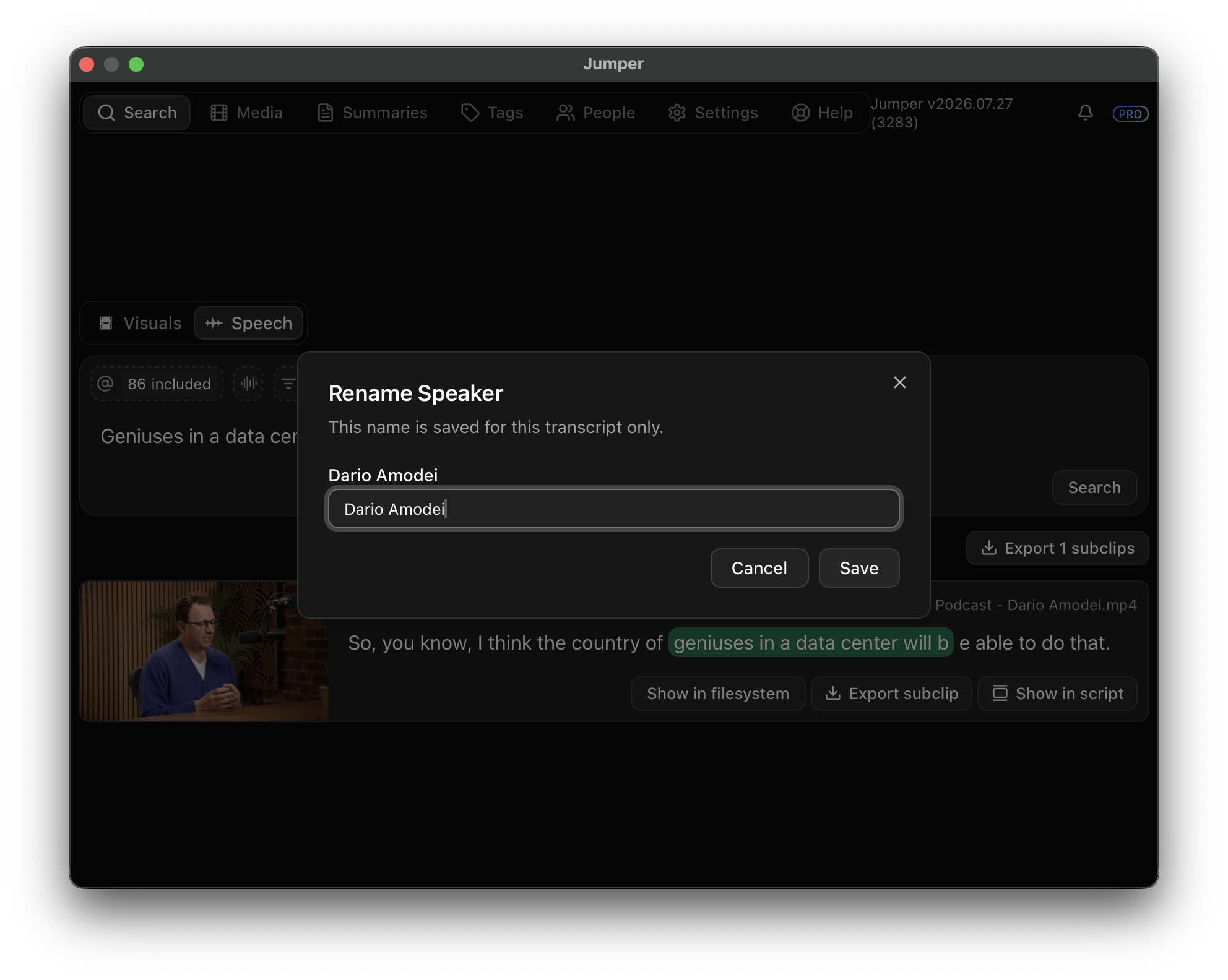 Rename Speaker dialog with a name entered and the transcript-only notice