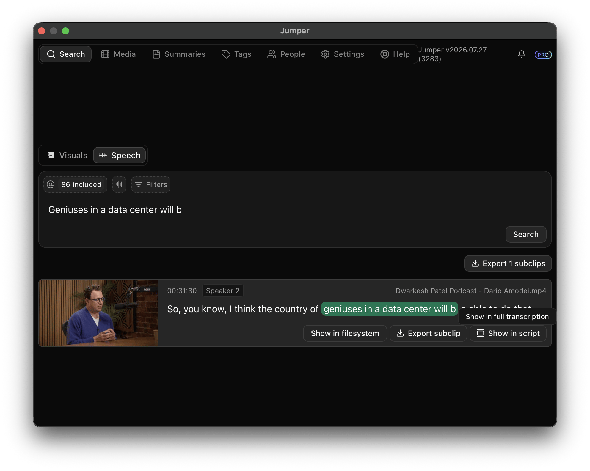 Speech search result with a detected Speaker 2 label and the Show in script action