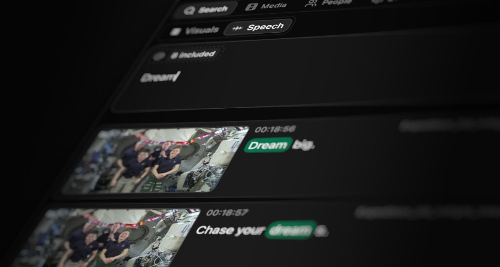Speech search results for "Dream" showing transcript snippets with highlighted matches