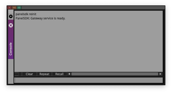 Avid Console showing panelsdk reinit command and Gateway service ready message