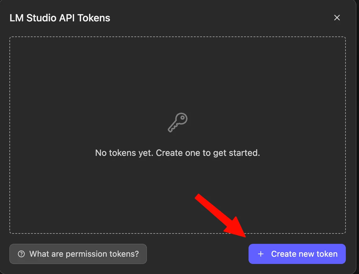 LM Studio API Tokens dialog with the Create new token button