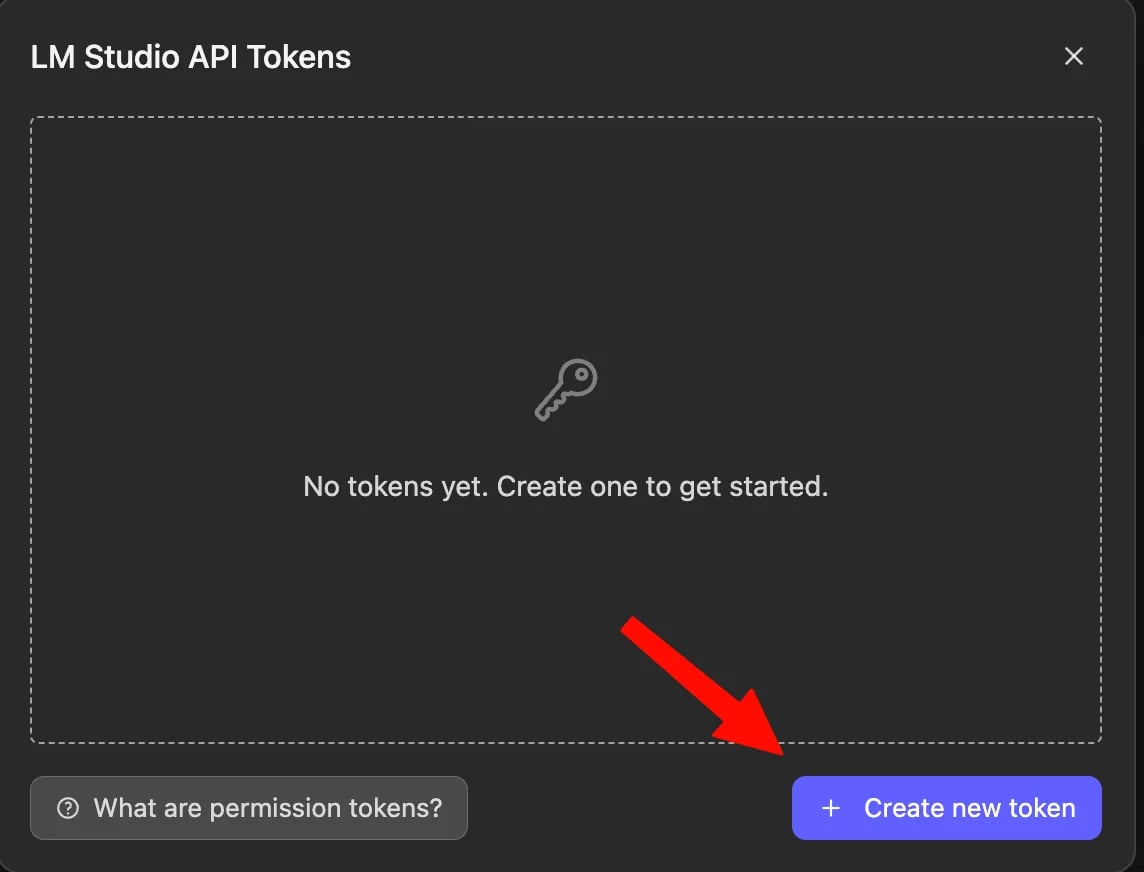 LM Studio API Tokens dialog with the Create new token button