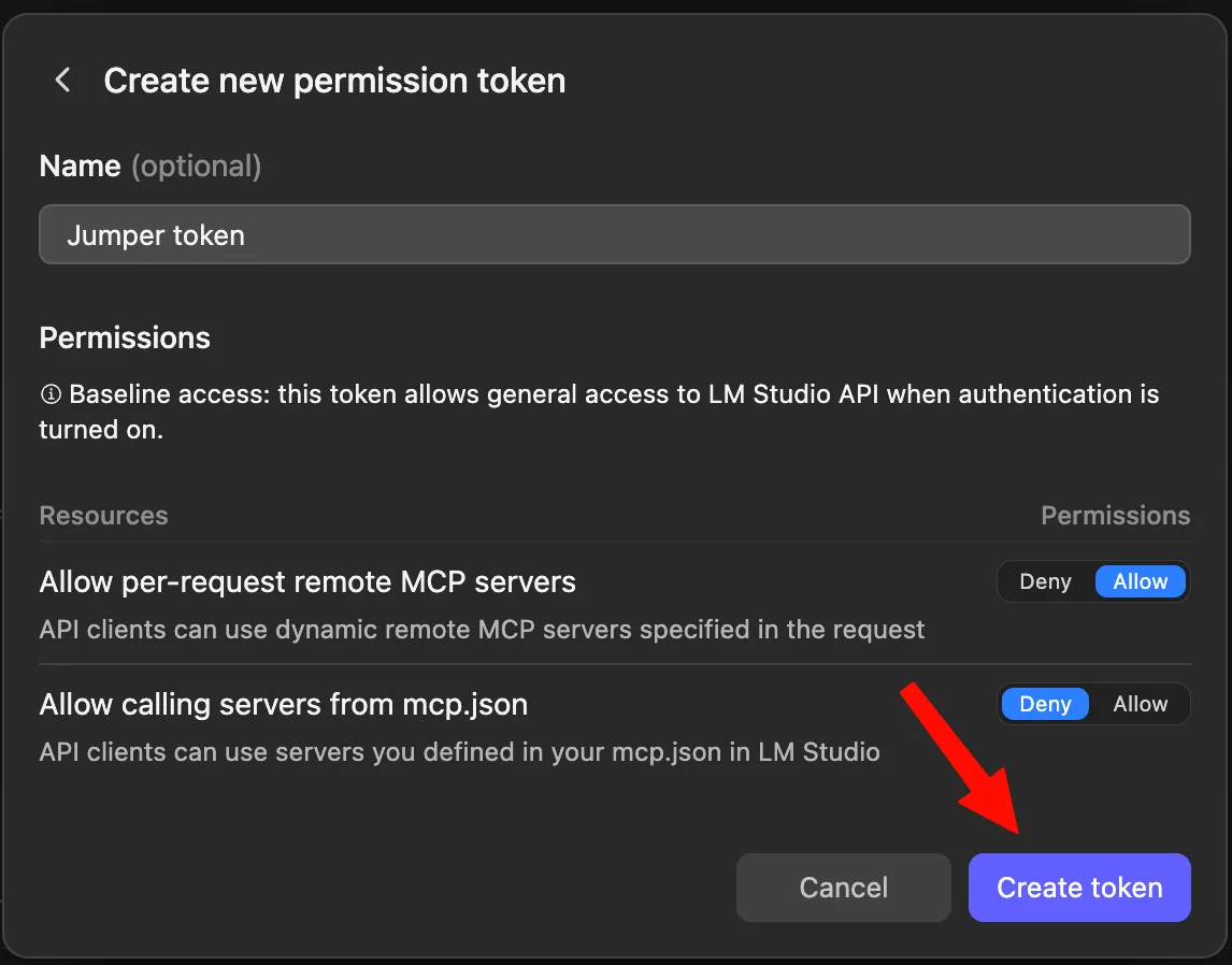 LM Studio Create new permission token dialog with the name Jumper token and default permissions