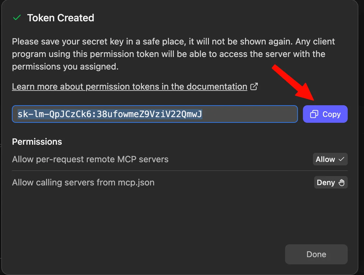 LM Studio Token Created dialog with the Copy button next to the new token
