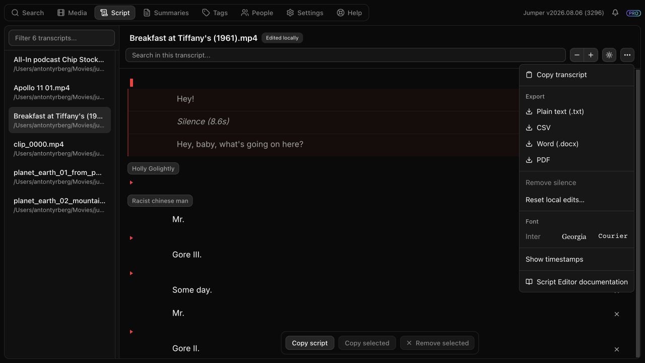 The Script options menu