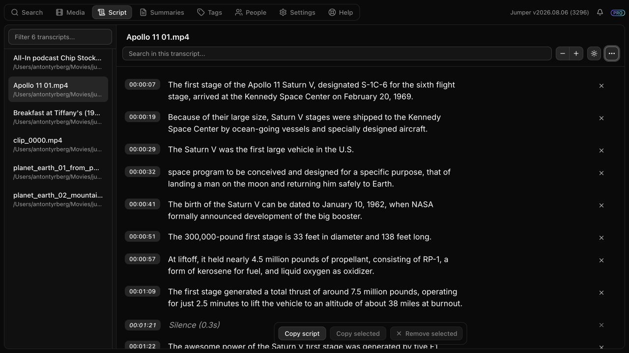 The Script tab showing its transcript sidebar, toolbar, and transcript workspace