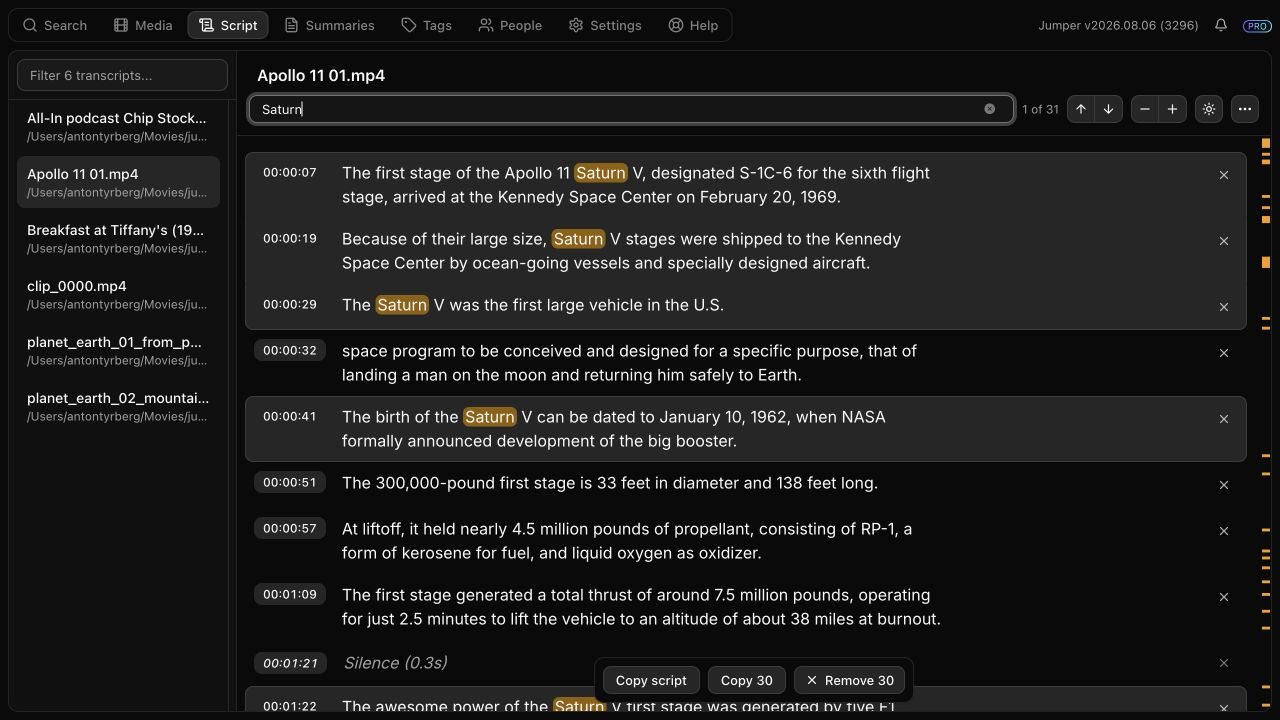 Searching inside the transcript, with highlighted matches and overview marks beside the scrollbar