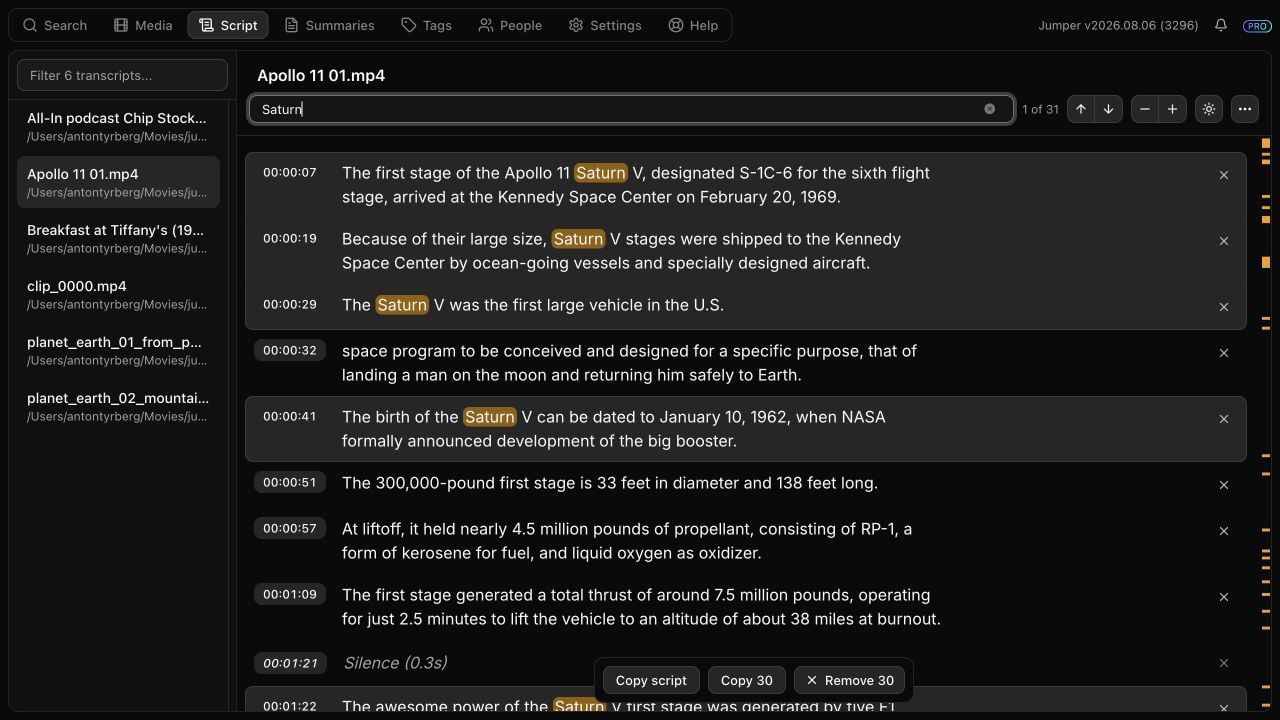 Searching inside the transcript, with highlighted matches and overview marks beside the scrollbar