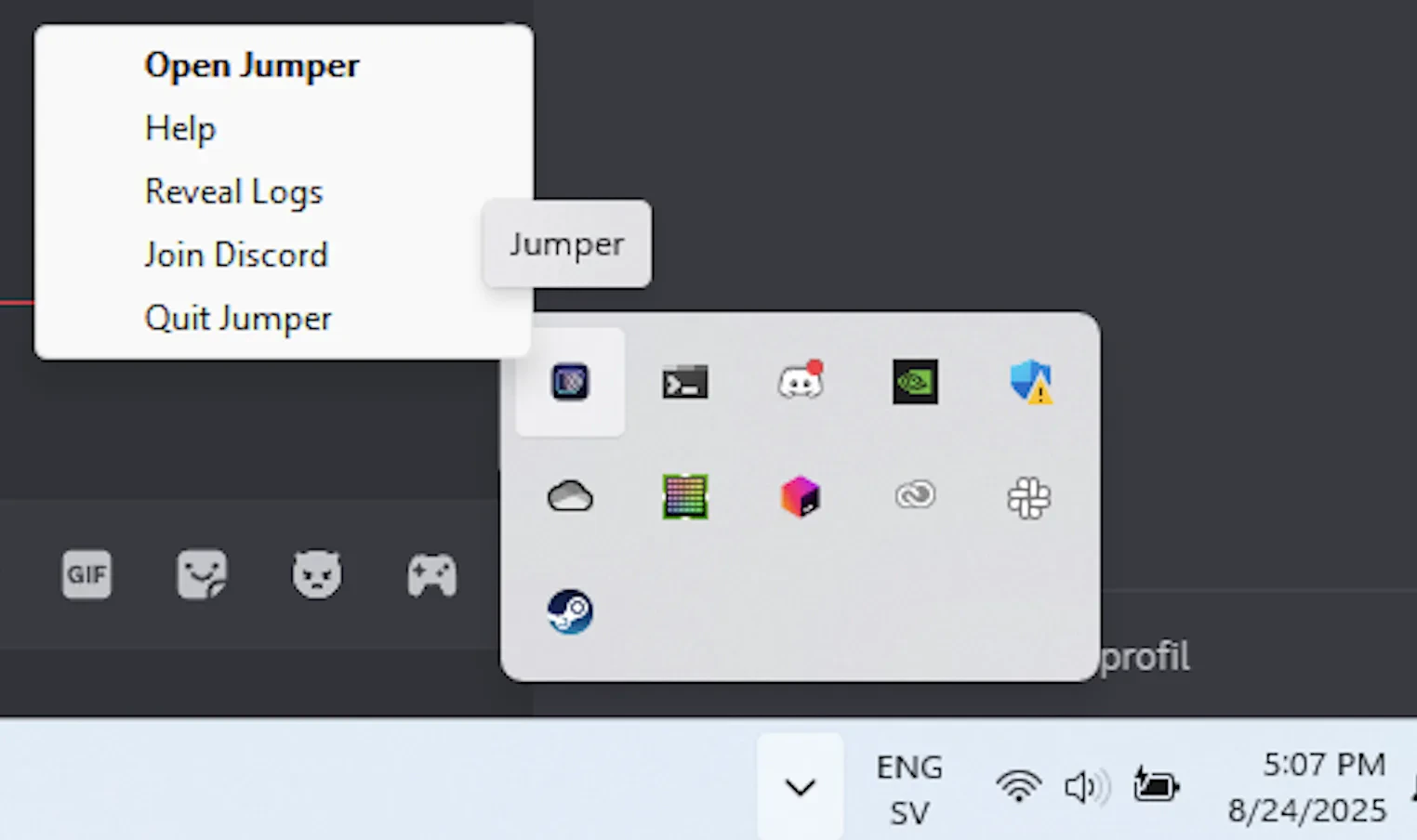 Windows tray icon menu with Reveal Logs