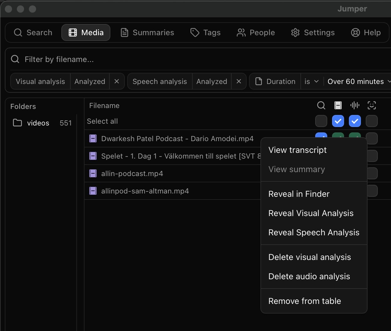 Media tab context menu with transcript, analysis, and file actions
