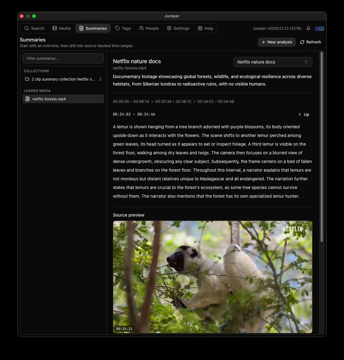Summary Analysis showing a clip overview, progressively narrower time ranges, detailed text, and a source preview
