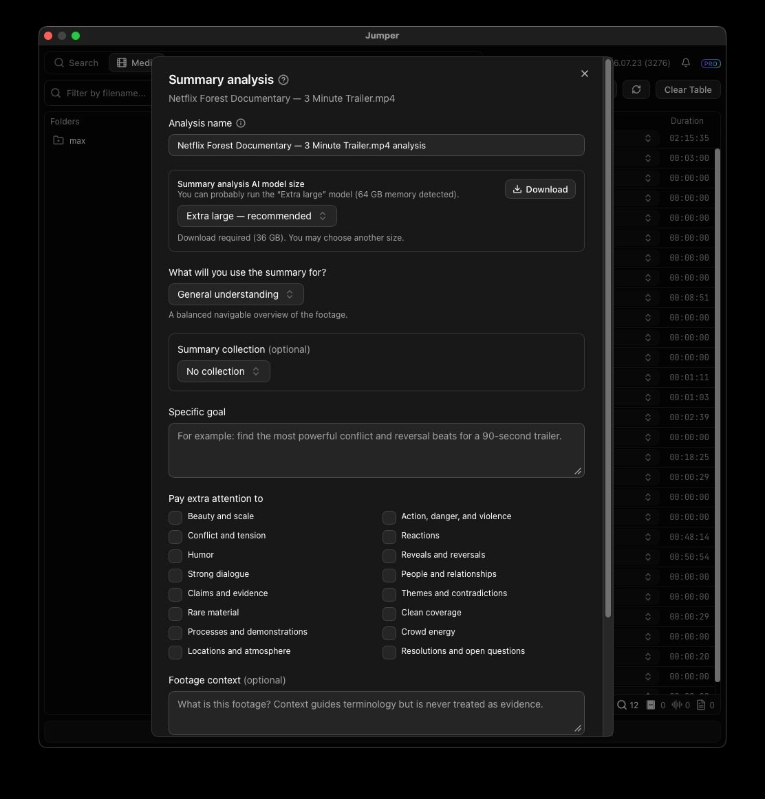 Summary Analysis settings with analysis name, model size, purpose, collection, Specific goal, and Pay extra attention to options