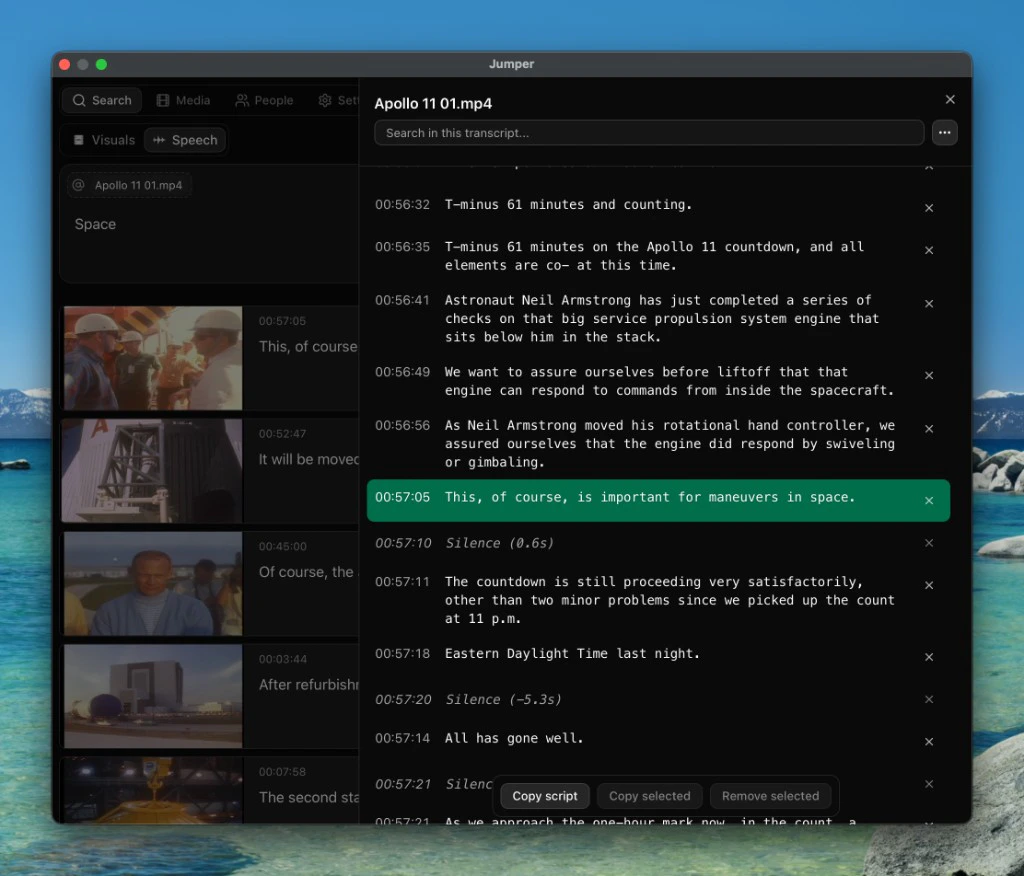Script Editor showing timestamped transcript lines and the floating action bar