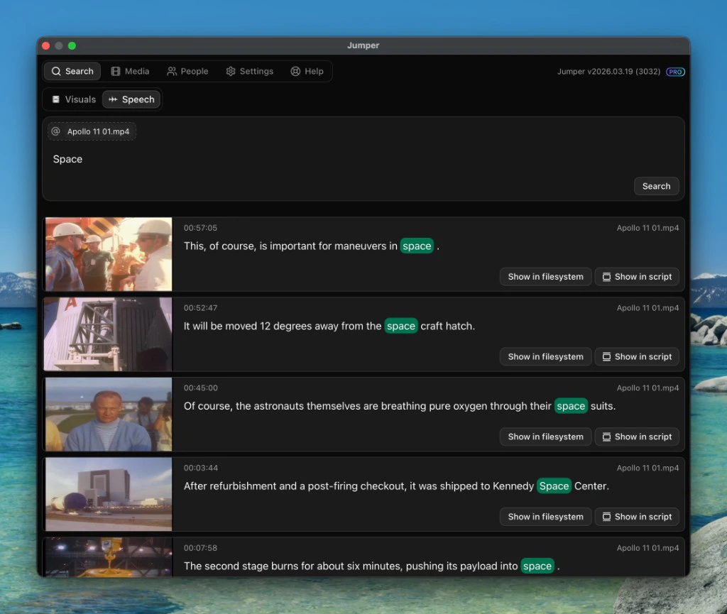 Speech search results with Show in script on a result card