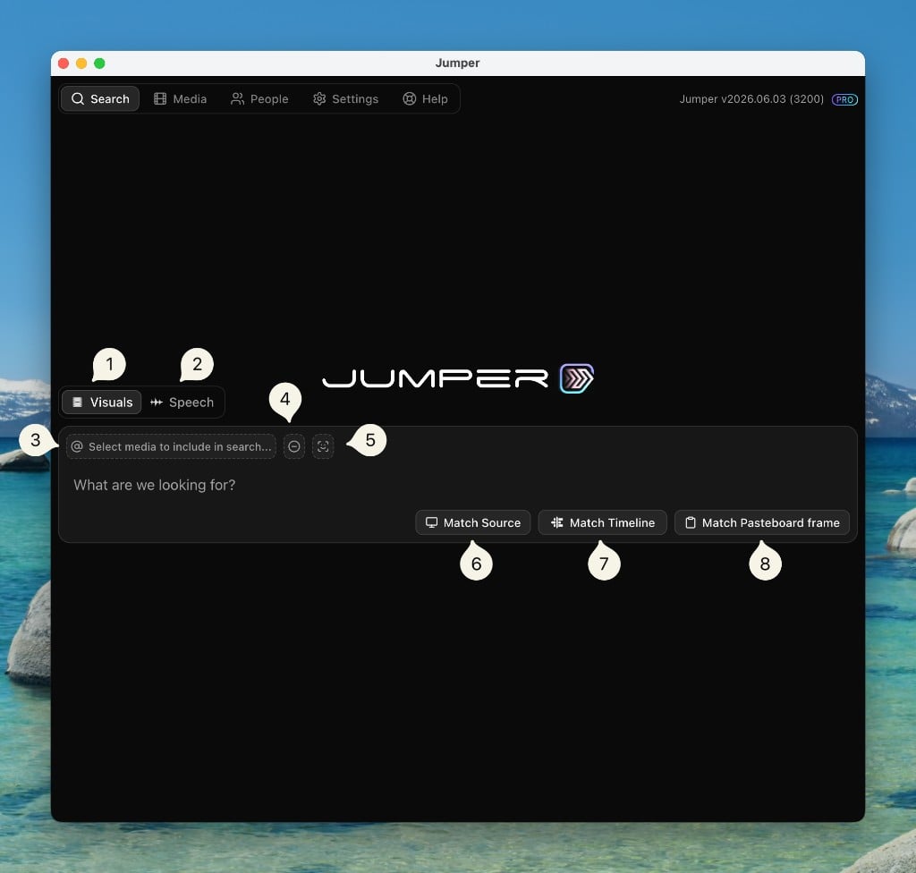 Search tab with annotated visual search controls